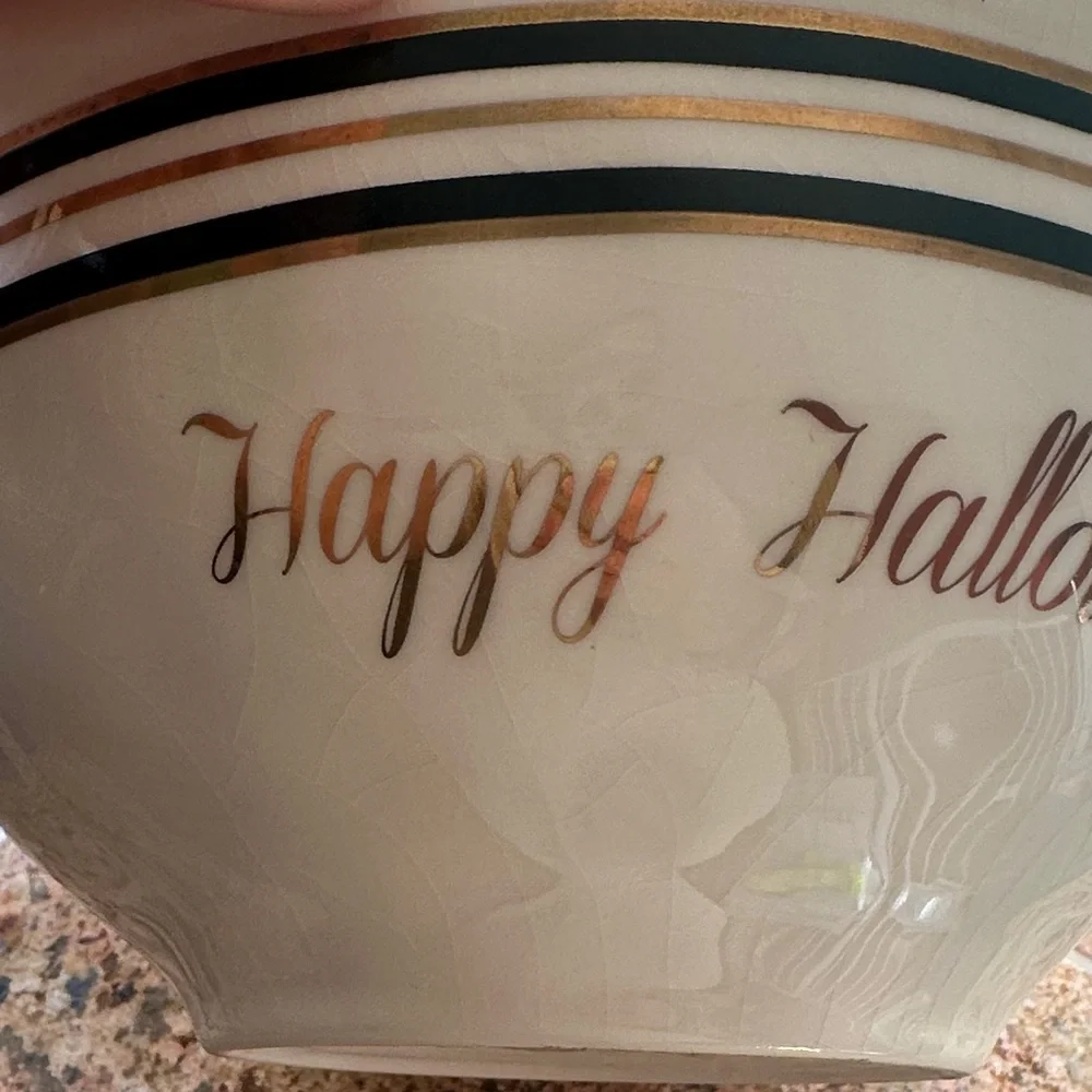 Festive Halloween Ceramic Bowl with Gold and Black Stripes